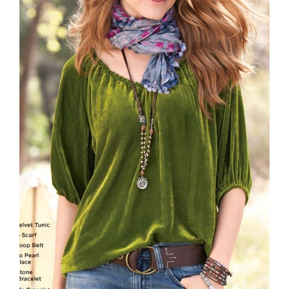 Velvet Peasant Tunic Top in Olive Green